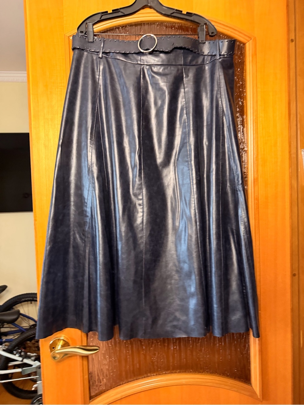 Zara Faux Leather A-Line Midi Skirt with Belt - Navy. Sz XL